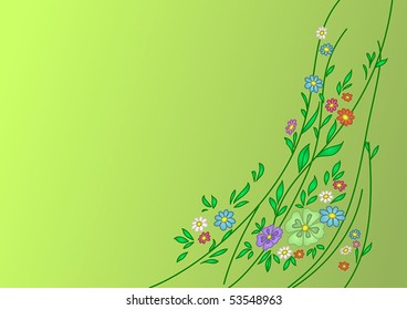 Abstract background: twisted lianas with green leaves and multi-coloured flowers on a green background