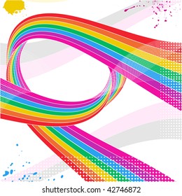 abstract background with twisting rainbow ribbon and paint splats