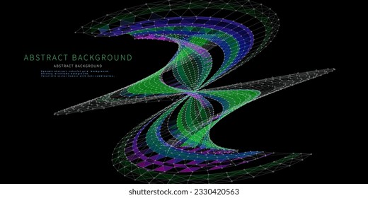 Abstract  background twisting wireframe grid from color faces and dots on black. Big Data. Technology concept data grid.  Banner for business, science and technology data analytics. 