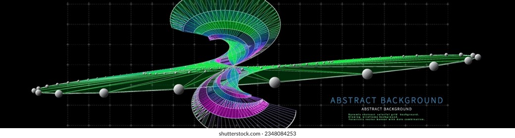 Abstract  background twisting wireframe grid from color faces and spheres on black. Big Data. Technology concept data grid.  Banner for business, science and technology data analytics. 