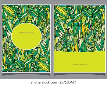 abstract background with two cards with a picture of foliage greens and text