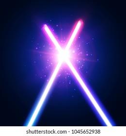 Abstract background with two crossed light neon swords fight. Crossing laser sabers war. Glowing rays in space. Battle with star, flash and particles. Club logo or emblem. Colorful vector illustration