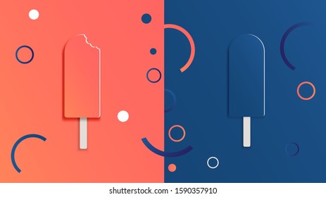 Abstract background with two ice creams. On one side is ice cream in trendy coral color, and on the other side in classic blue