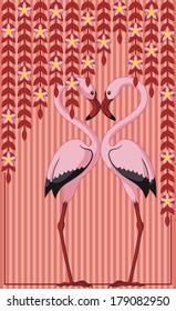 Abstract background with two pink flamingos in love.