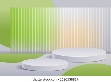 Abstract background with two white podiums and ribbed stipes glass. Vector template for product