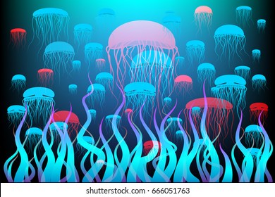 Abstract background underwater world with color jellyfish. Vector EPS10