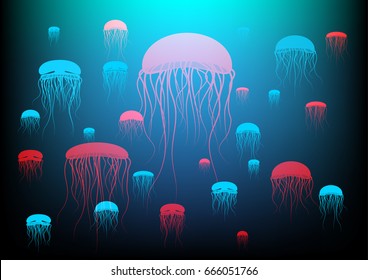 Abstract background underwater world with color jellyfish. Vector EPS10