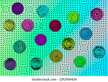 abstract background, unusual stains, flowers, curved lines, mixing styles
