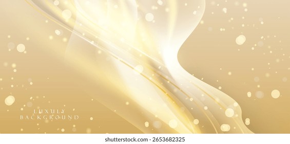 Fundo abstrato usando tons de ouro e creme dá uma sensação luxuosa e quente, como luz suave fluindo suavemente. Pequenas linhas e pontos de luz espalhados pela imagem criam profundidade.