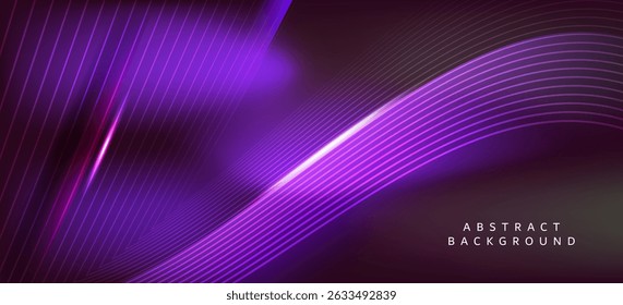 Um plano de fundo abstrato usando tons de roxo e preto. As linhas e luzes da imagem são retas e curvas que se movem na mesma direção, criando uma sensação de movimento e profundidade.
