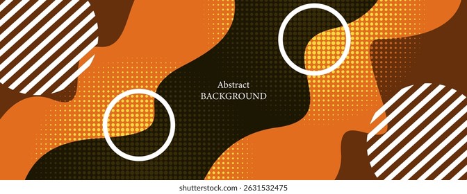 Um fundo abstrato usando tons quentes, como laranja, marrom e preto é baseado em um design de linhas e formas harmoniosas. Círculos e linhas são colocados de forma rítmica e equilibrada.