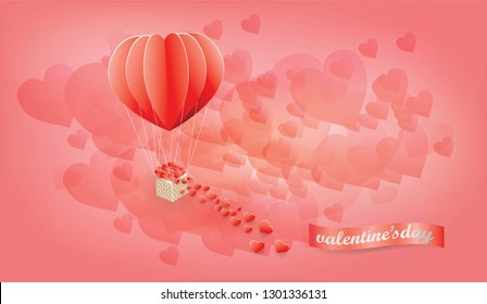 Abstract background Valentine Day card Concept,Heart in the basket  Tied red balloon on the red sky ,paper craft style and illustration