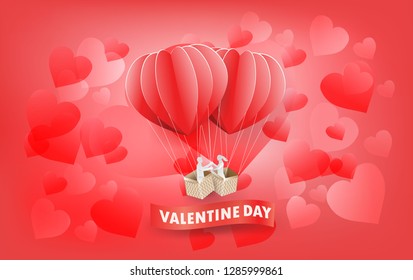 Abstract background  Valentine Day concept with Couple Show the Love in red balloon on  Bokeh Red heart shape for valentine day,paper art  illustration 
 and vector style  