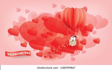 Abstract background  Valentine Day concept with Couple Show the Love in red balloon on  Bokeh Red heart shape for valentine day,paper art  illustration 
 and vector style  