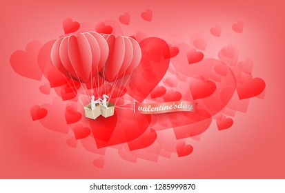 Abstract background  Valentine Day concept with Couple Show the Love in red balloon on  Bokeh Red heart shape for valentine day,paper art  illustration 
 and vector style  