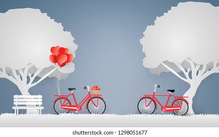 Abstract background and Valentine Day 's card design template Concept with Red bicycle and heart in the basket under the tree in spring season,paper craft style.