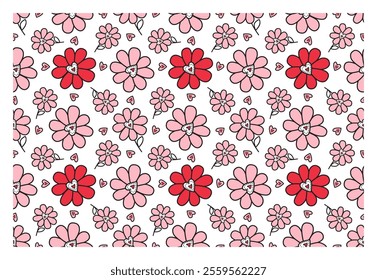 Abstract background. Valentine s day seamless pattern. Abstract pattern of pink and red flowers with a heart-shaped center. Perfect for packaging, fabric, greeting cards.