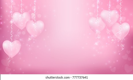 Abstract background valentines or for cerebration work included pastel color or soft pink, hearts hanging on the left and right, ribbon tie on each heart and some shape of  flare as heart, circle