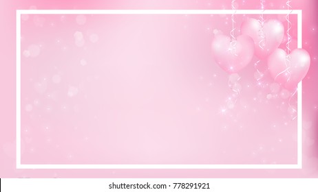 Abstract background valentines or for cerebration work included pastel color or soft pink, hearts hanging on the right, white border,ribbon tie on each heart and some shape of  flare as heart, circle