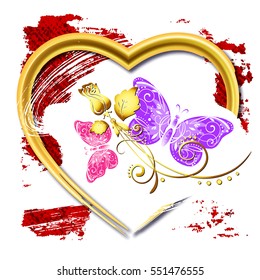 Abstract background for Valentines Day, grunge brushes, enclosed in a Golden heart, vector illustration