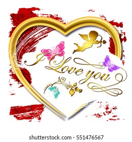Abstract background for Valentines Day, grunge brushes, enclosed in a Golden heart, vector illustration