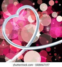 Abstract background to the Valentine's day. Metallic 3d heart. Abstract texture, light bokeh background. Vector illustration