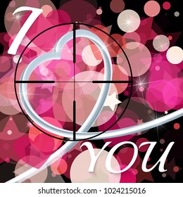 Abstract background to the Valentine's day. Metallic 3d heart and the inscription - I love you. Vector illustration.  Light bokeh background. Heart At Gunpoint