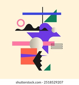 Abstract background with various bright geometric shapes. Concise design. A composition of figures of different shapes.