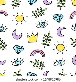 Abstract background with various cartoonish elements. Seamless pattern with rainbow, crown, sun, eye, leaf, moon and diamond. Vector.