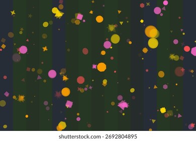 Abstract background with various colorful geometric shapes circles, stars, triangles, squares and hexagons, against dark green vertical stripes backdrop.