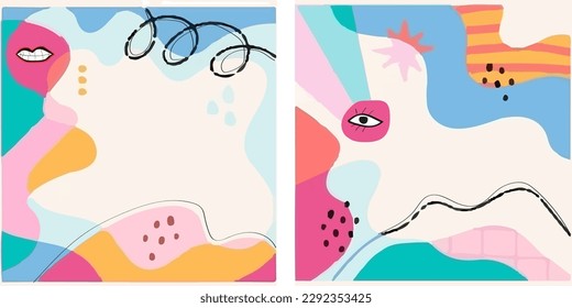 Antecedentes abstractos. Diversas formas coloridas, líneas, curvas. Conjunto de dos plantillas cuadradas aisladas de póster, afiches, decoración de arte mural. Ilustración de vectores modernos dibujada a mano