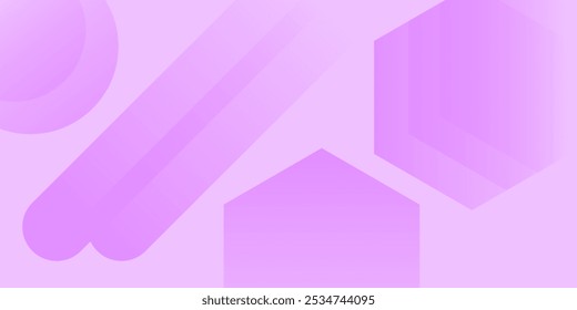 Abstrakter Hintergrund mit verschiedenen geometrischen Formen in violetten Tönen, einschließlich überlappender transluzenter Kreise, einem Sechseck und einem Fünfeck, wodurch ein geschichtetes und modernes Design entsteht.Vektorgrafik