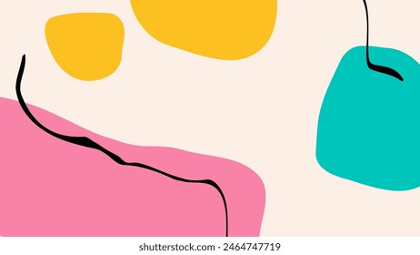 Abstract background with various hand drawn dynamic shapes and black bent lines for creative graphic design. Vector illustration.