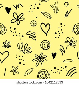 Abstract background with various hand-drawing plants and shapes, lines. Memphis style. Black yellow beige sand color. Vector seamless pattern for printing on wallpaper, paper, fabric.