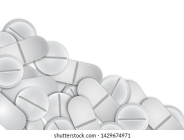 Abstract background of various realistic vector white medicinal tablets on a light background. Vector illustration for your design banner, booklet, flyer, leaflet, business card.