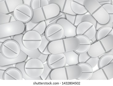 Abstract background of various realistic vector white medicinal tablets on a light background. Vector illustration for your design banner, booklet, flyer, leaflet, business card.