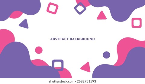 Fondo Abstractas con varias Formas y colores, incluyendo formas líquidas púrpuras y rosadas, cuadrados y triángulos, sobre un fondo blanco.