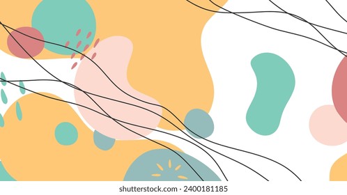 Fondo abstracto de varias formas y objetos de doodle color pastel. Ilustración vectorial contemporánea moderna de moda.