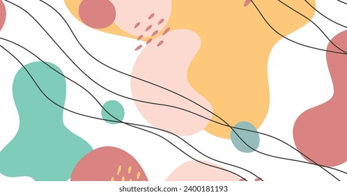 Fondo abstracto de varias formas y objetos de doodle color pastel. Ilustración vectorial contemporánea moderna de moda.