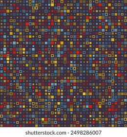 Abstract background. Various style squares in multiple colors. Dark purple, rusty brown, burnt orange, deep blue-green, olive green. Classy vector illustration.