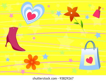 abstract background. vector bag. shoes. heart. flower. perfime. stars