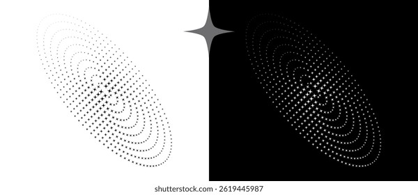 Abstract background vector circle with perspective.  Halftone stars in oval. Round logo, design element or icon. Black shape on a white background and the same white shape on the black side.