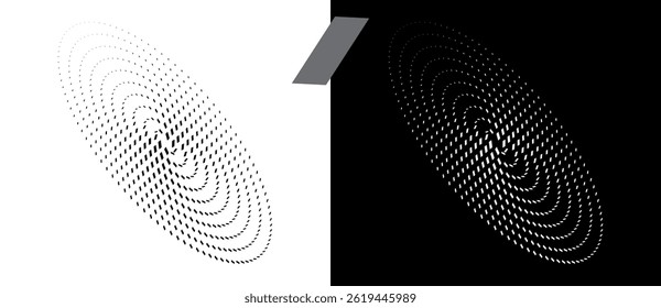 Abstract background vector circle with perspective.  Halftone quadrangles in oval. Round logo, design element or icon. Black shape on a white background and the same white shape on the black side.