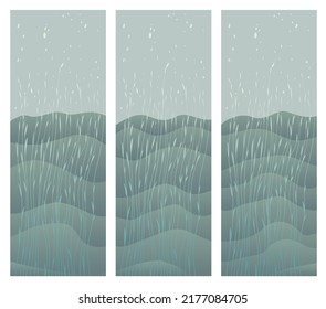 Abstract background with vector drawing of thin stems with leaves on the background of waves.
