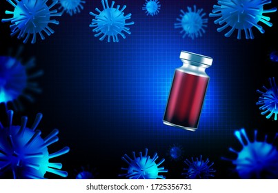 abstract background vector futuristic technology of Coronavirus Covic-19 and injection vaccine bottle