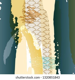 Abstract background vector. Gold and green brush strike template. Artistic pattern.