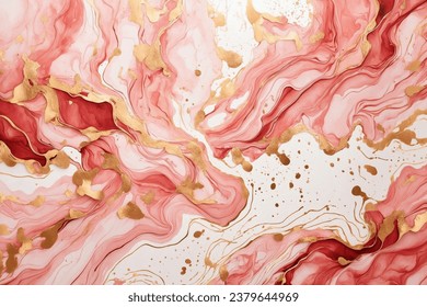 Abstract background. Vector illustration design template for a wedding invitation. Liquid watercolors in blush hues, adorned with golden lines, dots, and stains. Red pastel marble ink drawing effect.
