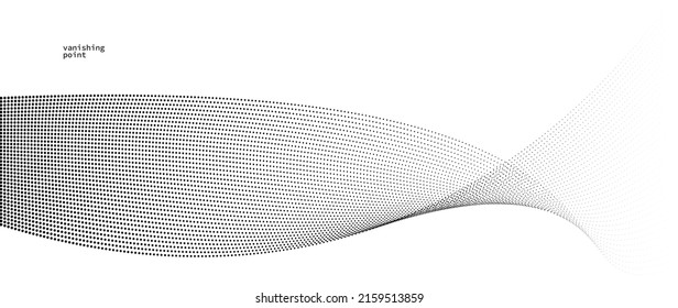 Abstract background vector illustration, dots in motion by curve lines, particles flow wave isolated, monochrome black and white illustration.