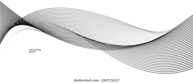 Abstract background vector illustration, dots in motion by curve lines, particles flow wave isolated, monochrome black and white illustration.