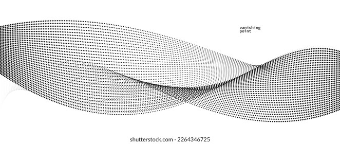 Abstract background vector illustration, dots in motion by curve lines, particles flow wave isolated, monochrome black and white illustration.